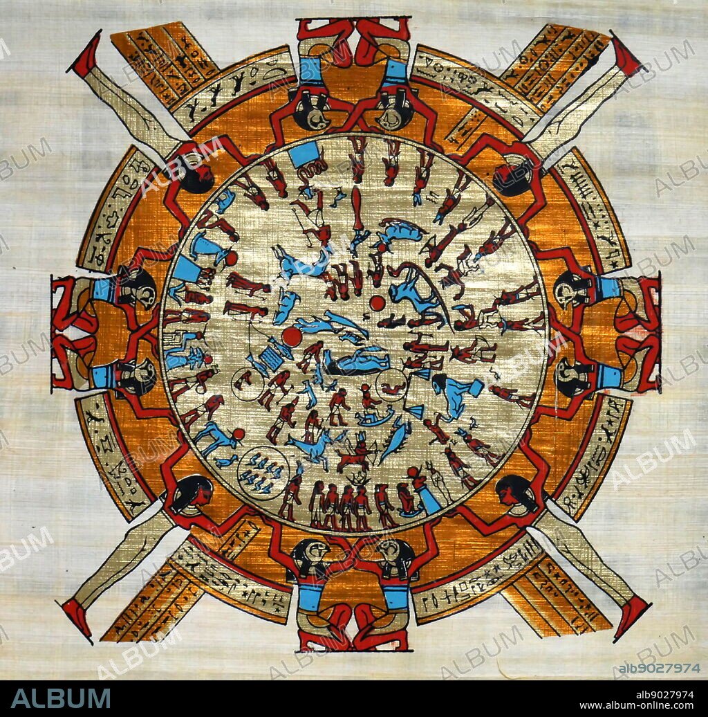 Contemporary papyrus depicting the ancient Egyptian Dendera zodiac, a widely known Egyptian bas-relief from the ceiling of the pronaos (or portico) of a chapel dedicated to Osiris in the Hathor temple at Dendera, containing images of Taurus (the bull) and Libra (the scales). This chapel was begun in the late Ptolemaic period.